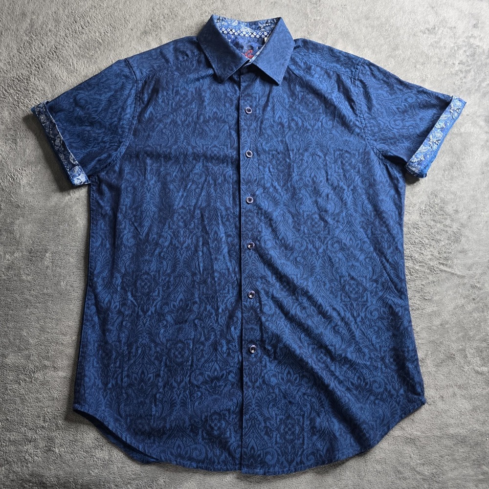 Robert Graham Shirt Mens Small Blue All-Over Paisley Short Sleeve Flip Cuff
